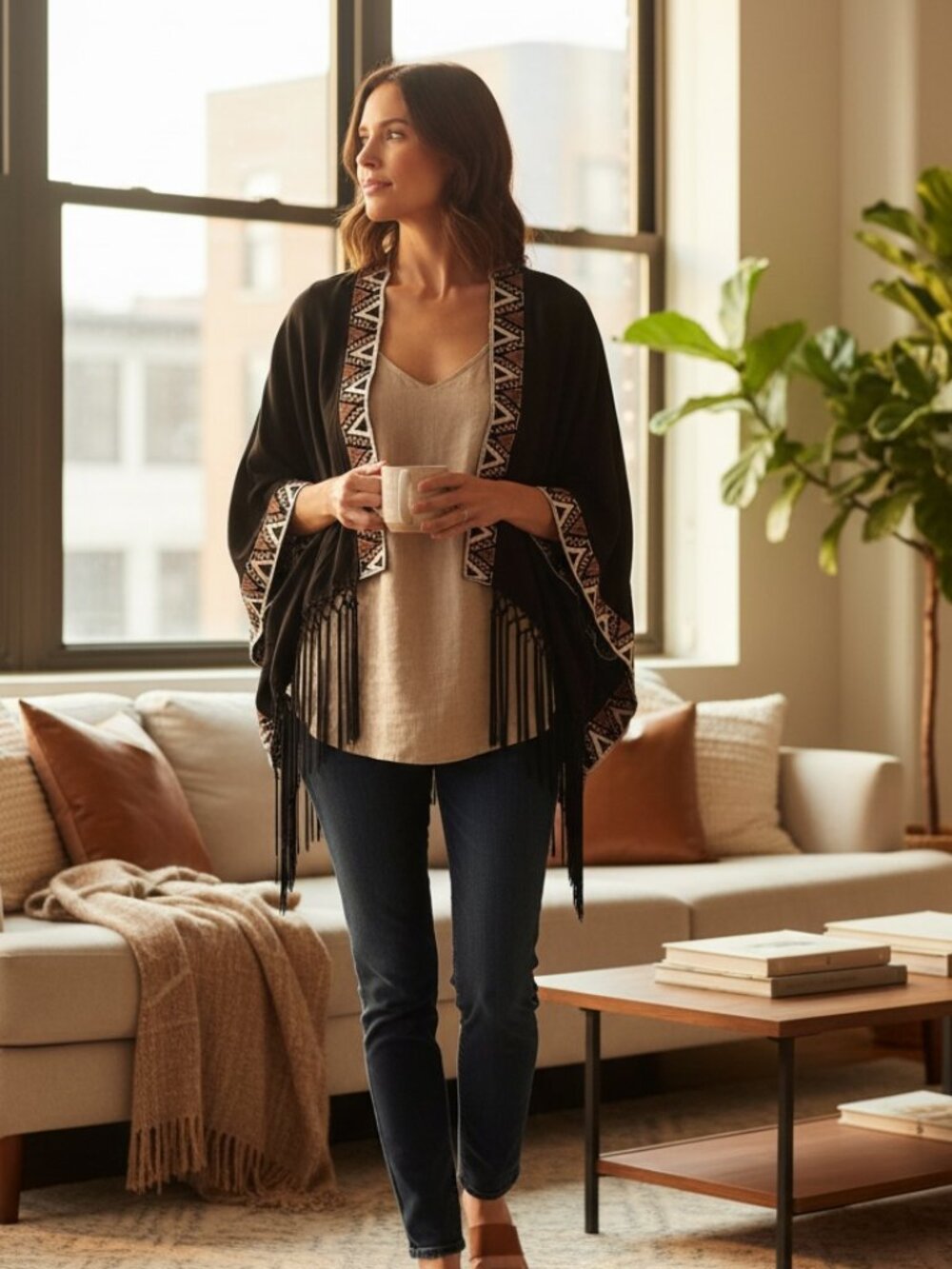Cleobella kimono cardigan, back with tribal trim and fringe, size L